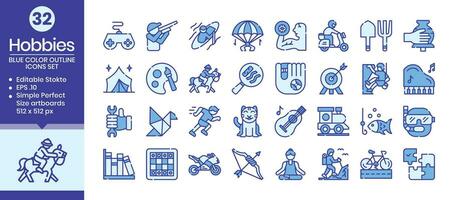 Hobbies blue colored outline icons set. The collection includes icons from various aspects related to hobbies and leisure, from business and development to, web design, app design, logos, and more vector