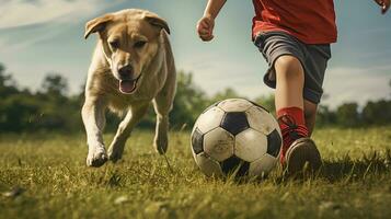 Close-up Legs Child male friends playing Football with a dog in the backyard. photo