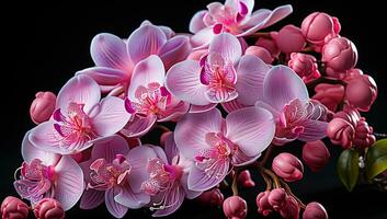 Detail of pink orchids on black background. AI generated photo