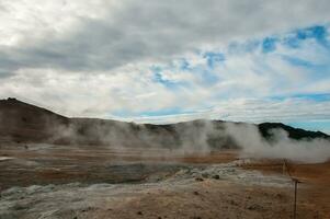 Smoldering sulfur fumaroles at Hverir in the Krafla volcanic system of Iceland photo