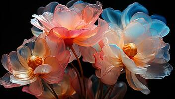 Illustration of glowing light orange and blue transparent flowers. AI Generated photo