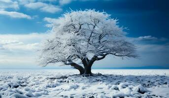 Minimalist winter landscape with a tree covered with snow. AI generated photo