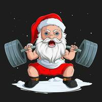 Hand drawn Powerlifter Christmas Santa Claus, weightlifting, struggling Santa practicing back squat vector