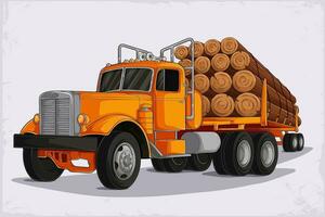 Hand drawn big golden logging truck filled with timber cut, Big rig American powerful semi truck vector