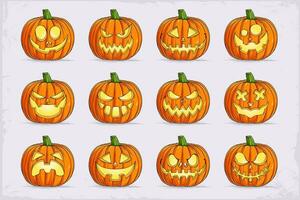 Hand drawn collection of Halloween pumpkins carved faces, Scary and funny faces of jack o' lantern vector