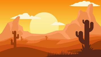 Desierto paisaje vector ilustración en puesta de sol. butte Desierto paisaje con cactus, cresta y piedras americano Desierto paisaje para fondo, fondo de pantalla o aterrizaje página. salvaje Oeste tierra ilustración