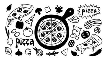 Pizza con ingredientes comida garabatear conjunto vector