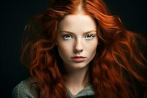 Portrait of a beautiful red-haired woman, the concept of youth and a beautiful hairstyle. AI Generated photo