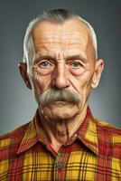 An elderly man with a mustache and a colorful checkered shirt looking straight at the camera, AI Generated photo