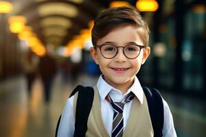 un sonriente niño yendo a colegio en el primero día después el vacaciones. ai generado el concepto de el final de el Días festivos y el comienzo de el colegio año. foto