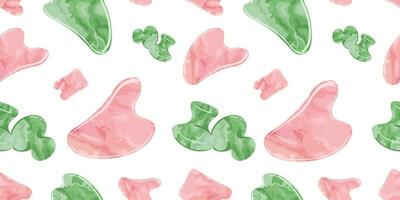 Seamless pattern with Rose Quartz Gua Sha and Jade Scraping Massage tool. Natural pink scraper and green stone roller in different shapes. Skin care presentation for beauty, web, blog, social media. vector