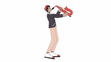jazz saxofón jugador línea dibujos animados animación. saxofonista músico 4k vídeo movimiento gráfico. indio adulto hombre jugando musical instrumento 2d lineal animado personaje aislado en blanco antecedentes video