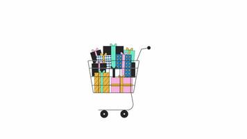 Shopping trolley rolling with giftboxes line 2D object animation. Black friday, cyber monday sales presents flat color cartoon 4K video, alpha channel. Xmas gifts buy animated item on white background video