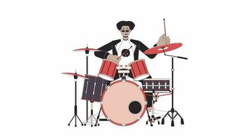 Drummer rock and roll line cartoon animation. Rockstar male beats drumming 4K video motion graphic. Hispanic young adult man in punk rock 2D linear animated character isolated on white background
