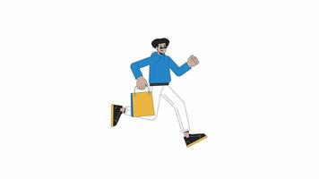 Shopper male running with boutique bag line 2D character animation. Shopaholic hurry flat color cartoon 4K video, alpha channel. Hispanic man in sunglasses in rush animated person on white background video