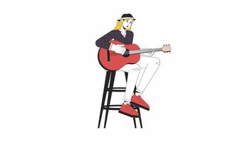 fêmea guitarrista jogando país música linha desenho animado animação. música artista 4k vídeo movimento gráfico. europeu adulto mulher país cantor 2d linear animado personagem isolado em branco fundo video