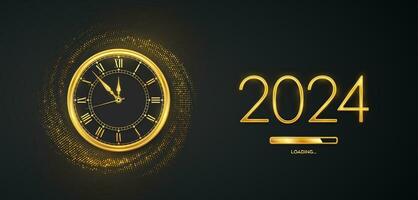 Happy New Year 2024. Golden metallic numbers 2024, gold watch with Roman numeral and countdown midnight with loading bar on shimmering background. Bursting backdrop with glitters. Vector illustration.