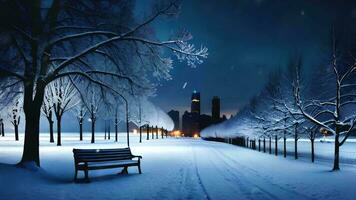 Navidad tema nieve otoño a noche en el parque con rascacielos ver ai generado video