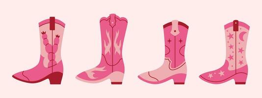 Vector set of different pink retro cowgirl boots. Wild west and Texas concept. Cowboy fashion boots. Vintage western collection. Girl power.