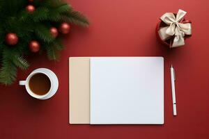 Christmas background with gift and decorations on a red table. photo