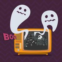 Ghosts brusting out of the mono television broadcasting flat design vector illustration. Happy Halloween greeting card template.