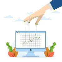 Stock market manipulation concept, hand with a rope over the chart for changes, controlling price movements, businessman market manipulator to control the market chart. flat vector illustration.