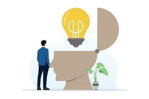 concept of new idea, genius, creativity and innovation with human head symbol, problem solving, successful solution with light bulb, thinking solution collection of ideas for best decision. vector