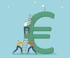 Teamwork for income and salary growth, cooperation for financial and economic stability, increase in investment portfolio and savings, increase in value of currency, man climbs it to top of euro. vector