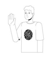 Curly caucasian young man waving happy black and white 2D line cartoon character. Saying hello isolated vector outline person. Greeting gesture. Nonverbal monochromatic flat spot illustration