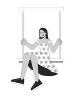 Swinging woman middle eastern black and white 2D line cartoon character. Happy lady sitting on hanging swing isolated vector outline person. Carefree girl relaxing monochromatic flat spot illustration