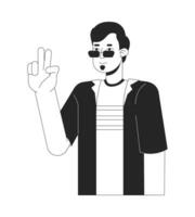 Cool sunglasses man peace sign hand black and white 2D line cartoon character. Caucasian guy taking selfie isolated vector outline person. Body language. Mood fun monochromatic flat spot illustration