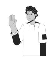 Latino young man saying hello black and white 2D line cartoon character. Hispanic teen boy waving happy isolated vector outline person. Greeting gesture monochromatic flat spot illustration