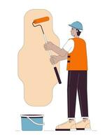 Hardhat contractor painting wall line cartoon flat illustration. Latino painter holding paint roller 2D lineart character isolated on white background. Building renovation scene vector color image