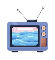 Waves ocean on old tv vintage 2D cartoon object. Old fashioned retro television program isolated vector item white background. Seascape water. Watching nostalgia show color flat spot illustration