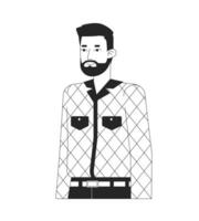 Bearded caucasian man standing black and white 2D line cartoon character. Adult european guy relaxed posing isolated vector outline person. Office worker in casual monochromatic flat spot illustration