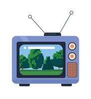 Tranquil park trees on 1970s tv 2D cartoon object. Old fashioned retro television program isolated vector item white background. Countryside, forest. Watch nostalgia show color flat spot illustration