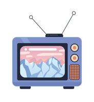 Mountains rocky on 1980s tv 2D cartoon object. Old fashioned retro television program isolated vector item white background. Snow capped peaks. Watching nostalgia show color flat spot illustration