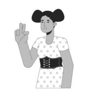 africano americano paz firmar niña negro y blanco 2d línea dibujos animados personaje. gesticulando dos dedos arriba aislado vector contorno persona. posición en selfie tomando monocromo plano Mancha ilustración