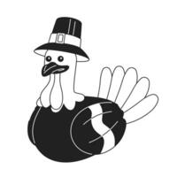 Pilgrim turkey mascot black and white 2D cartoon character. Poultry bird wearing hat isolated vector outline animal. Capotain turkey. Authentic thanksgiving monochromatic flat spot illustration