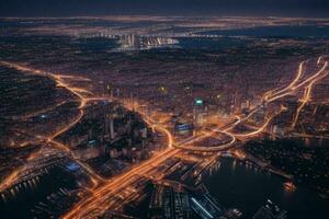 Aerial view of a cityscape at night background. AI Generative Pro Photo