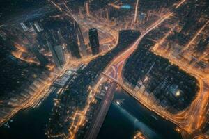 Aerial view of a cityscape at night background. AI Generative Pro Photo