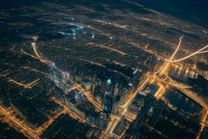 aéreo ver de un paisaje urbano a noche antecedentes. ai generativo Pro foto