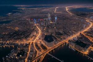 Aerial view of a cityscape at night background. AI Generative Pro Photo