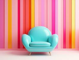 Pastel multi-color vibrant groovy retro striped background wall frame with bright armchair interior home design generative ai photo