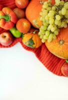 Thanksgiving Day. Autumn harvest pear, apples, pumpkin, pepper, tomato on a white background and red cloth. photo
