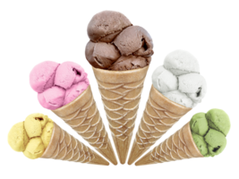 Set of ice cream in waffle cone, transparent background png