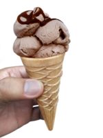 Chocolate Ice cream cone on hand man, transparent background png