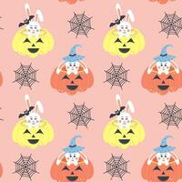 Cute bunnies sitting in pumpkins and web seamless pattern. Pink pastel halloween print for wrapping and textile. vector