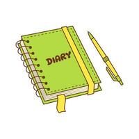 Daily paper notepad with a pen. Spiral diary with a bookmark. Color doodle icon. vector