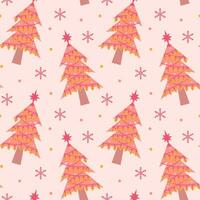 Cute pink christmas tree with garland and snowflakes seamless pattern. Glamour pastel christmas print for wrapping or textile. vector